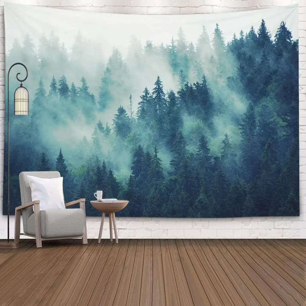 Misty Pine Tree Tapestry Wall Hanging, 80x60 Inch Green Nature Art for Living Room, Bedroom, Dorm Decor