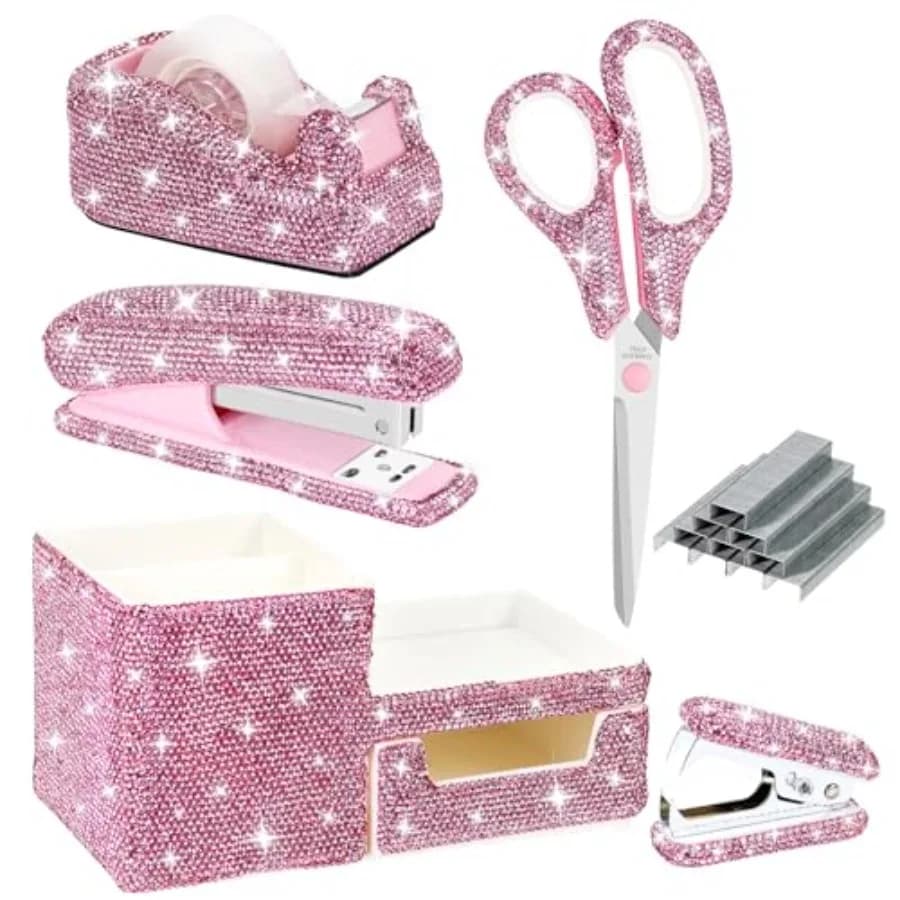 Set di 7 Accessori da Scrivania Rosa con Strass, Kit di Cancelleria in Cristallo con Graffettatrice, Dispenser Nastro, Forbici, Organizzatore per Cassetti