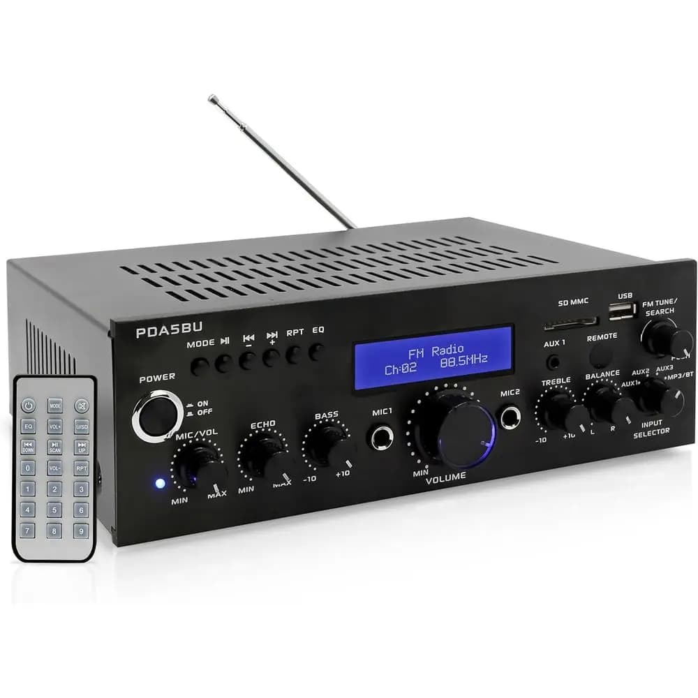 Ricevitore Stereo da 200 Watt con Bluetooth, Amplificatore Domestico, Lettore DVD/CD, Radio AM/FM, Ingressi per Microfono Karaoke, Telecomando