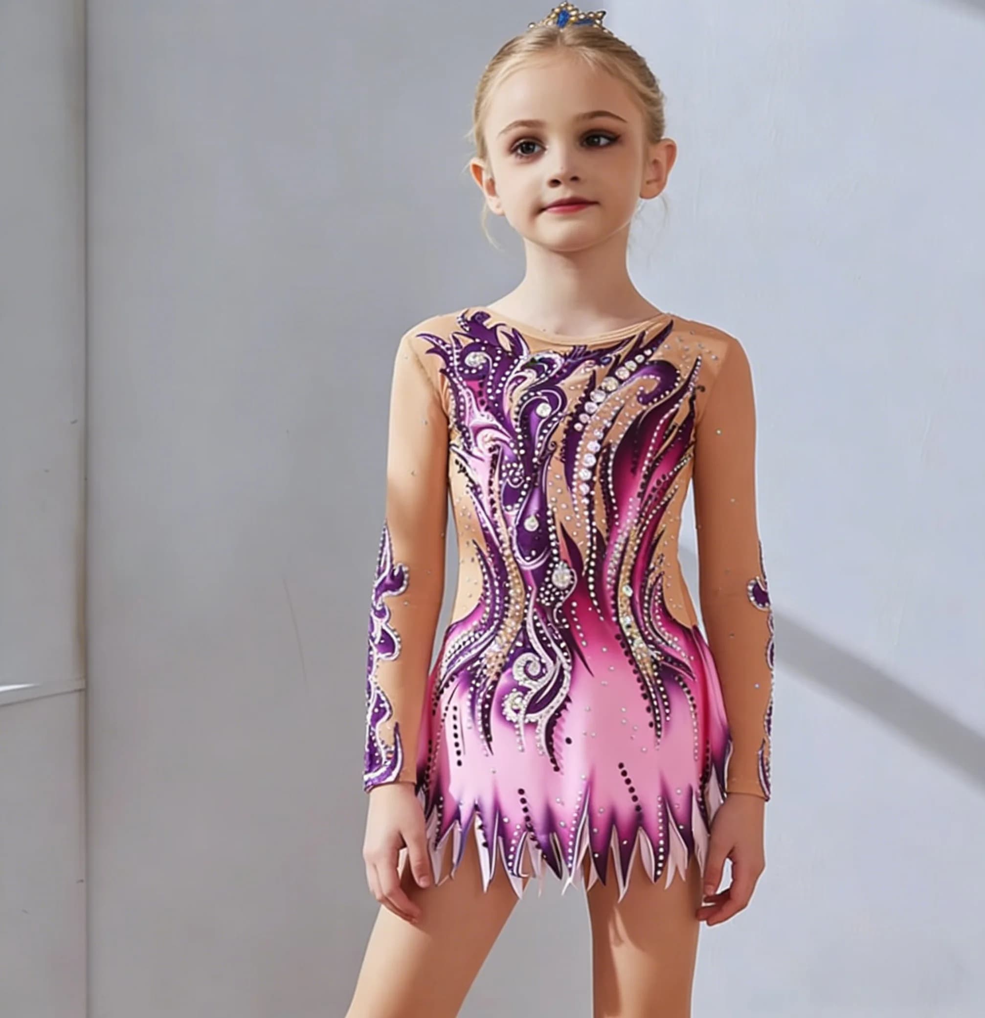 Body da Ginnastica Ritmica di Lusso per Ragazze con Strass, Abito da Pattinaggio Artistico Viola Sfumato a Maniche Lunghe per Competizioni e Spettacoli