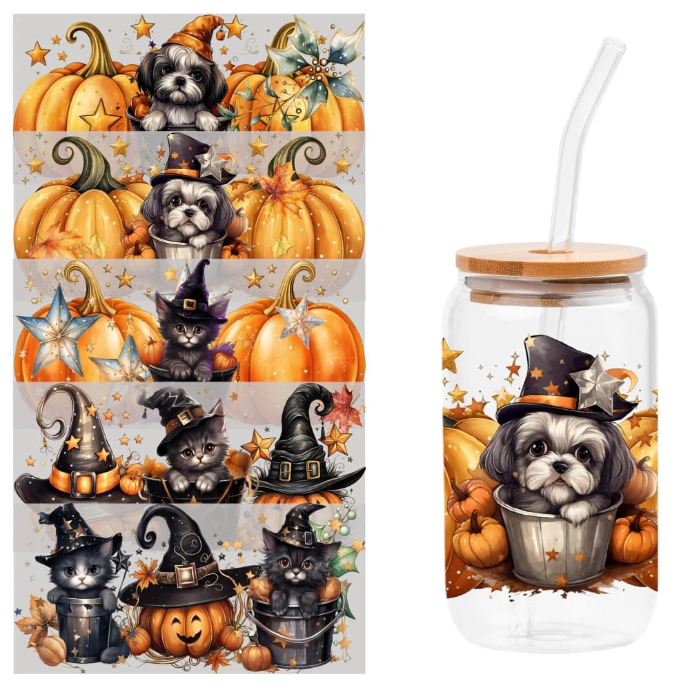 5 Sheets Halloween Puppy Pumpkin Pattern UV DTF Stickers DIY Water Bottle Glass Waterproof Decals UV DTF Transfer Stickers for