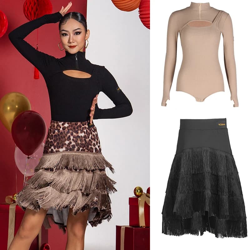 2024 nuovi abiti da ballo da sala per le donne maniche lunghe top latino gonne con frange costume da ballo latino pratica usura SL7606