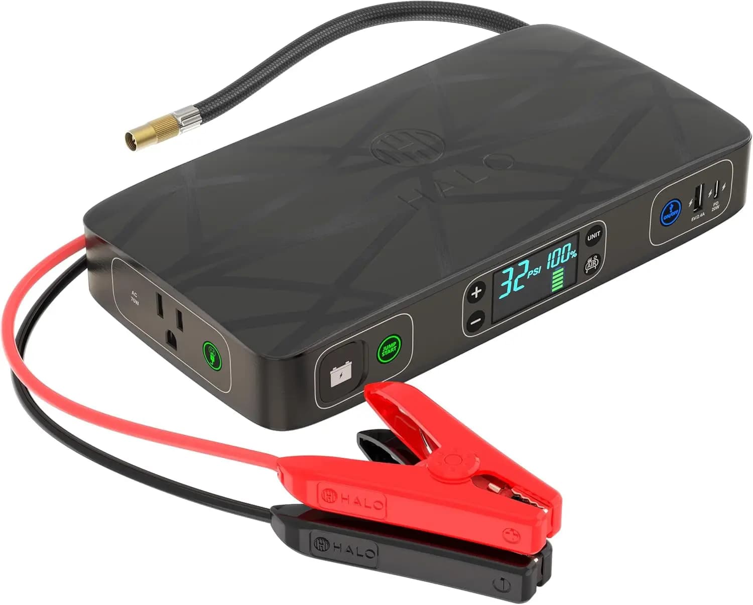 Avviatore portatile per batteria per auto con compressore d'aria da 130 PSI, power bank da 55,5 Wh, presa CA e luce di emergenza