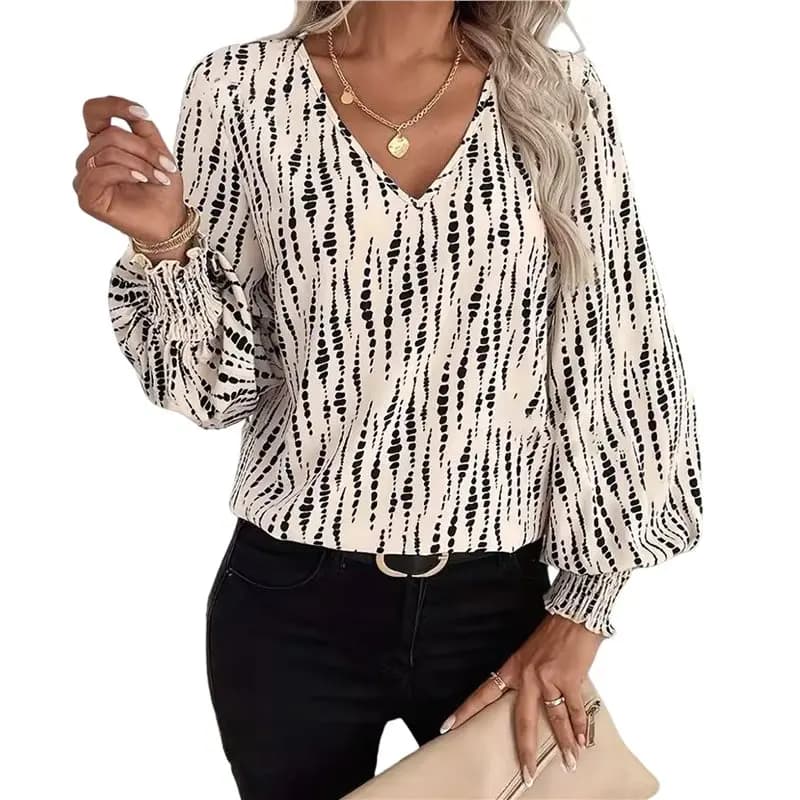 CYL-Camicetta da donna con stampa all-over, scollo a V, maniche lunghe a lanterna, camicia casual da lavoro