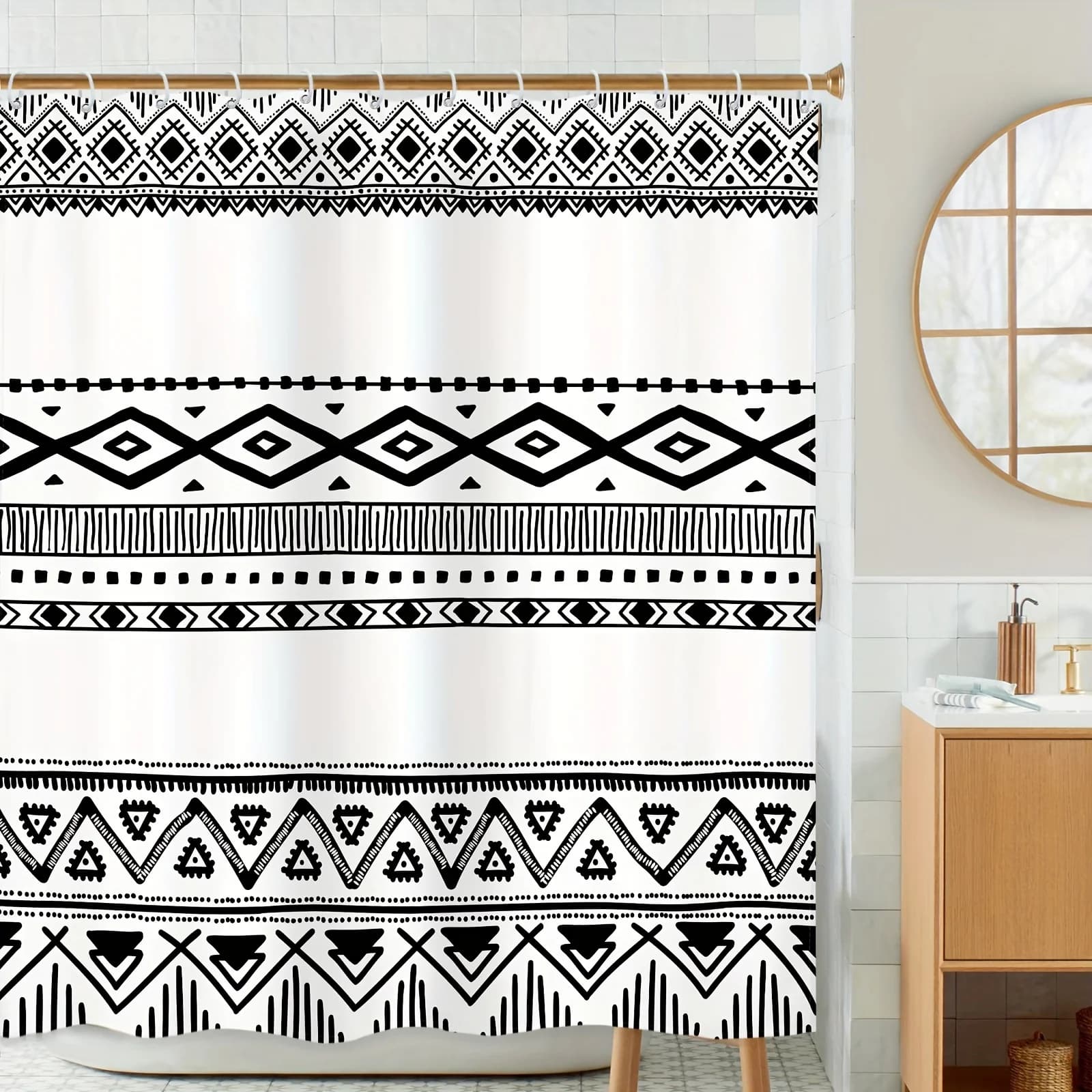 Bohemian Abstract Striped Shower Curtain High Quality Bathroom Decorative Curtain with 12 Hooks Polyester Fabric Waterproof Machine Washable Bath Curtain Bathroom Accessories Home Decoration Supplies Modern Boho Bathroom Decor Ramadan Decoration