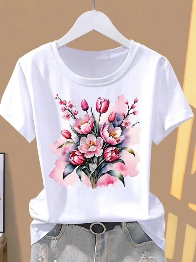 2026 Women's Clothing Round Neck Short Sleeves T Shirt Printed Fashion Casual Tops Comfortable Blusas Simple Style All-match