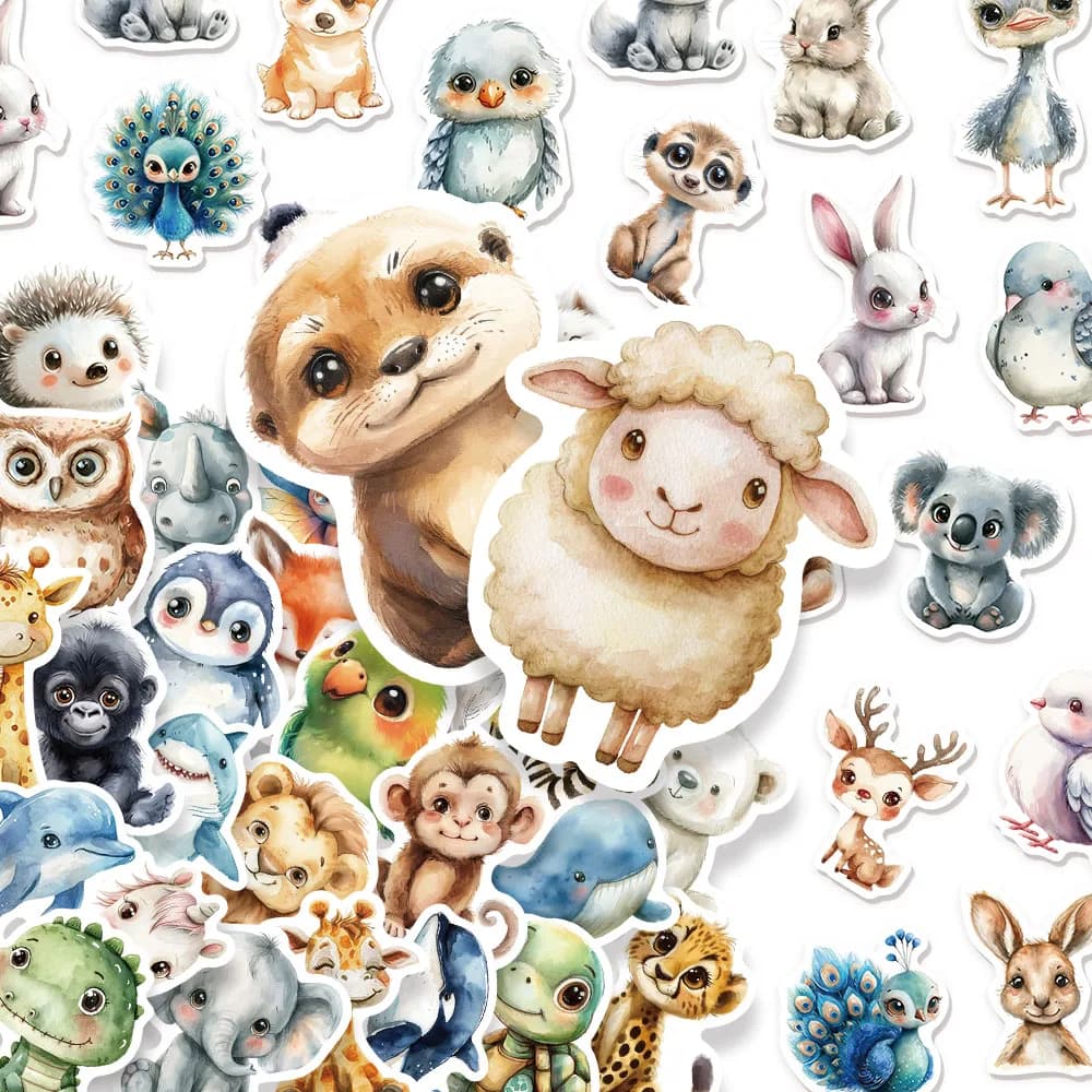50 pezzi carino acquerello diversi animali graffiti adesivi cartone animato fai da te skateboard decorazione portatile mobile adesivi ricompensa giocattolo