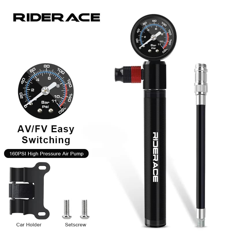 RIDERACE Pompa da bicicletta con manometro portatile in lega di alluminio mano pneumatico gonfiatore aria bici pompa ammortizzatore aria AV FV Presta Schrader valvola