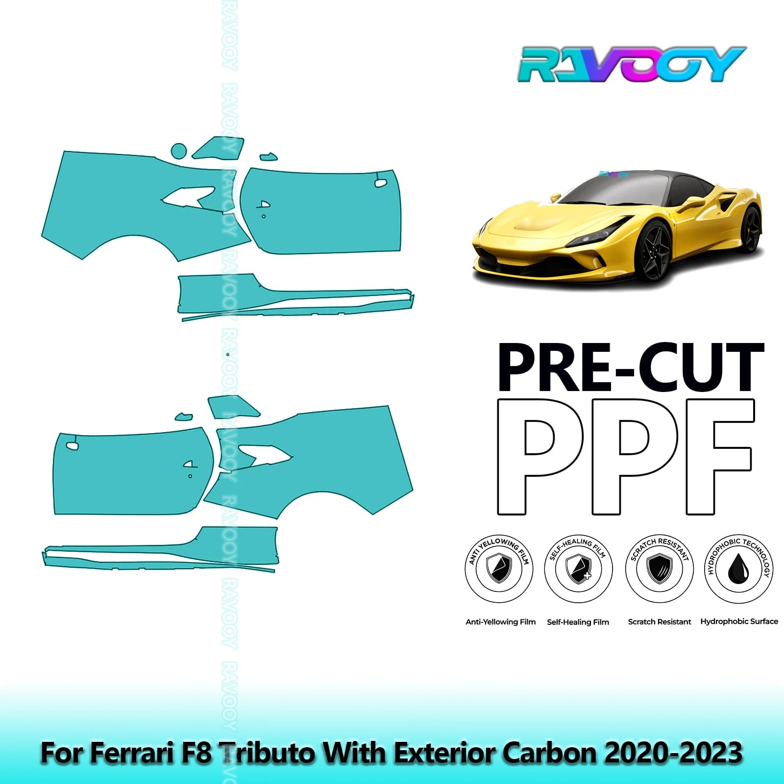 For Ferrari F8 Tribute With Exterior Carbon 2020-2023 8.5mil PPF Pre-Cut Door and Kit Pillar A/B Protection Film TPU Set