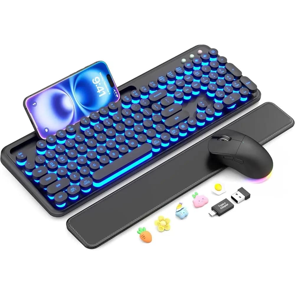 Set Tastiera e Mouse Retroilluminati Stile Macchina da Scrivere con Poggiapolsi Magnetico e Supporto Telefono, Wireless 2.4GHz per PC e Laptop Windows