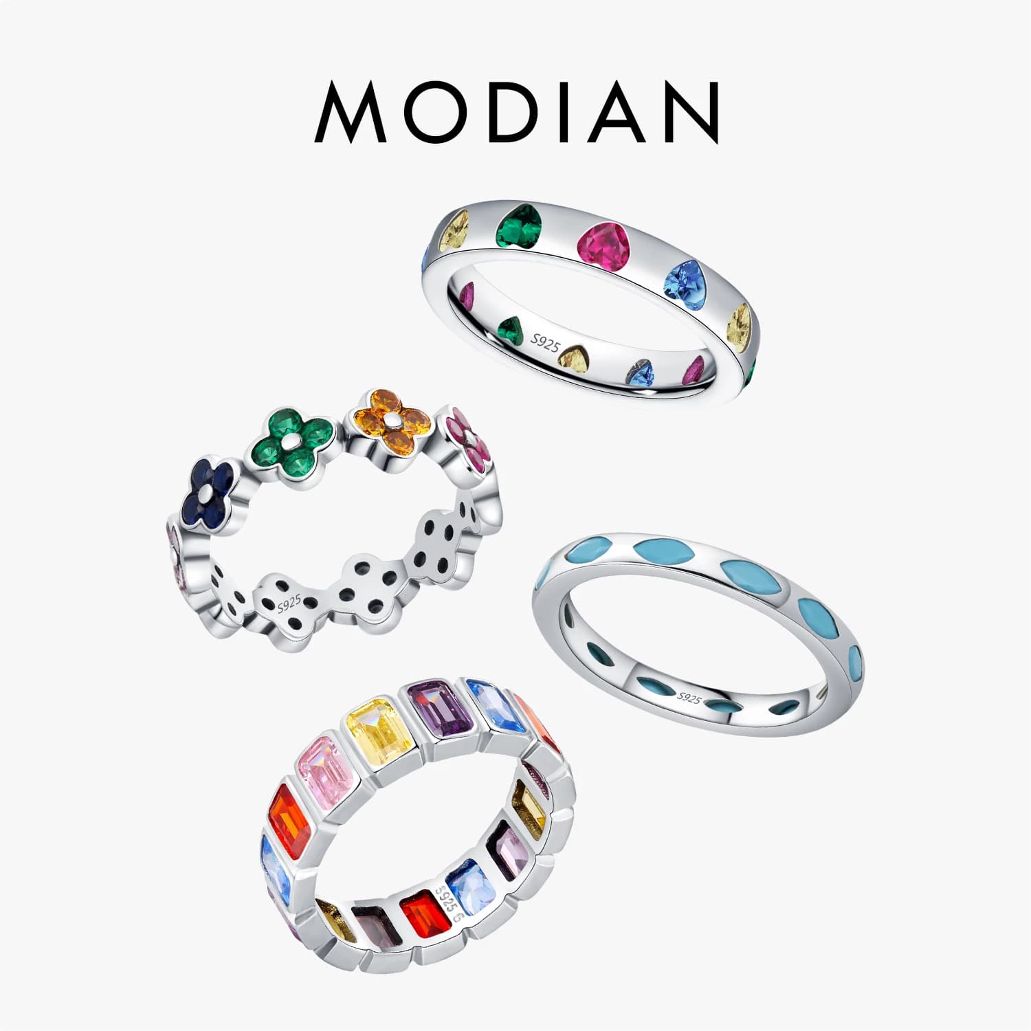 MODIAN 925 Sterling Silver Design originale Quadrifoglio Cuore CZ Eternity Band Anello di moda impilabile per le donne Gioielleria raffinata
