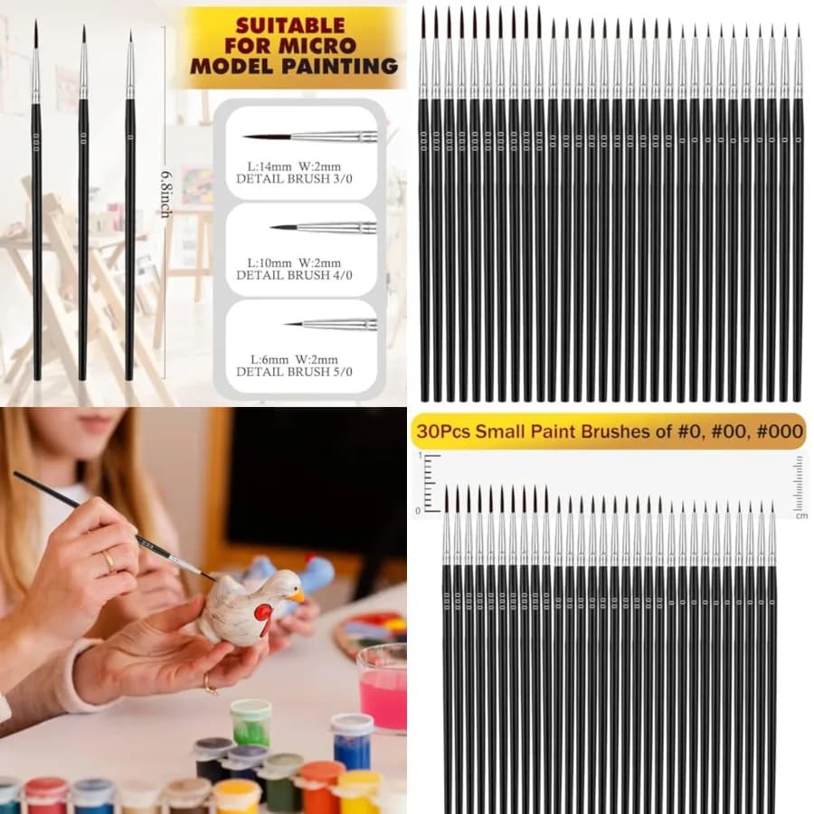 Tiny Detail Paint Brushes 30 Pcs Fine Paint Brushes Set with 3 Size #0#00#000 Liner Brush for Miniature 40k Model Crafts Watercolor Acrylics Oil