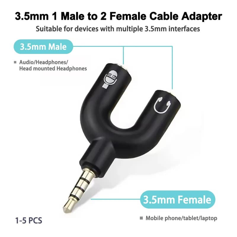 Adattatore per microfono splitter per cuffie da 3,5 mm Adattatore splitter audio stereo da 3,5 mm 1/2 a forma di U, per cavo per cuffie auricolari per PC portatile PS4