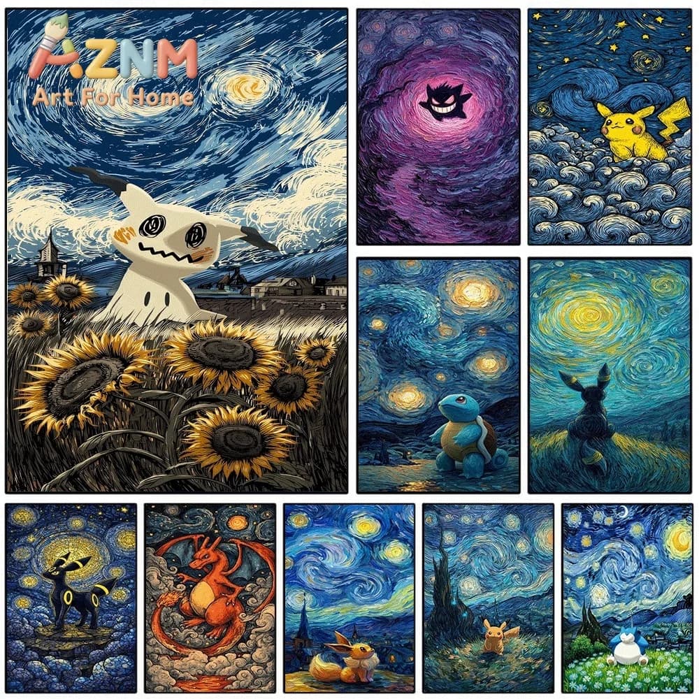 Pokemon Anime Canvas Wall Art No Frame Starry Night Van Gogh Style Mimikyu Pikachu Gengar Print Poster for Bedroom Living Room