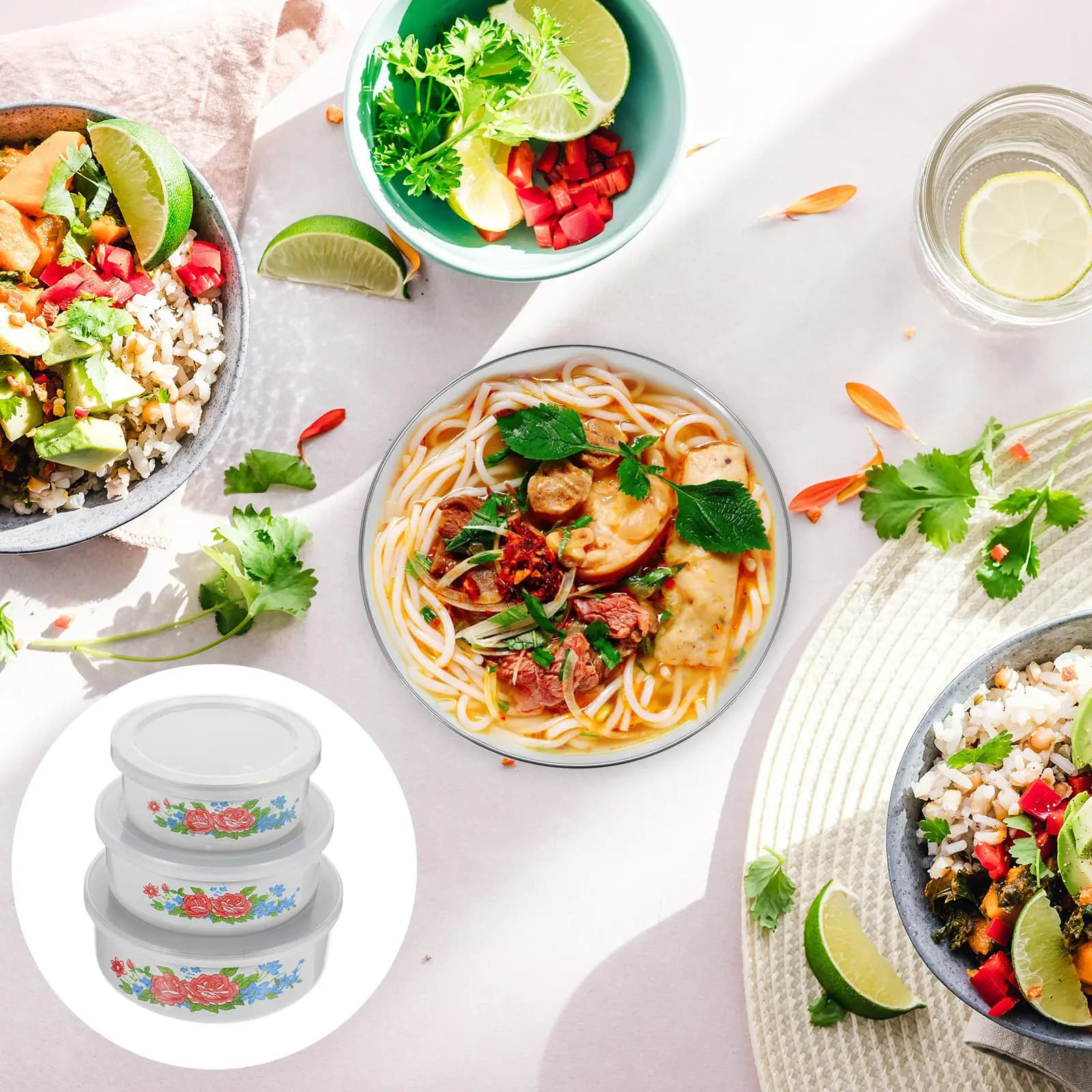 Set di 3 Ciotole in Smalto per Conservazione Alimenti, Contenitori Multifunzionali per Insalata, Zuppa, Riso e Noodle