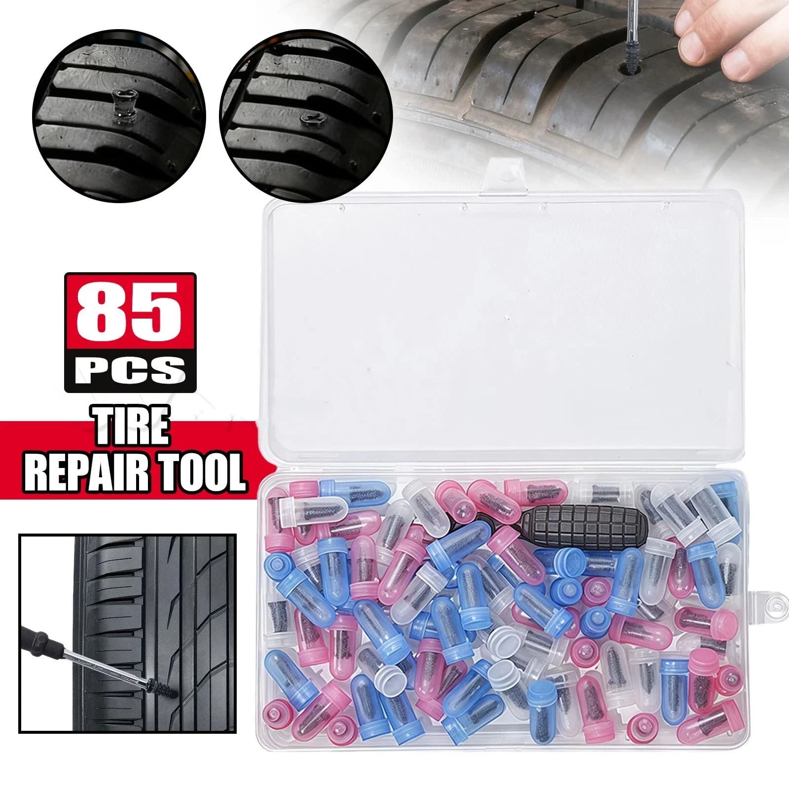 Set di 10/85 Pezzi di Viti per Riparazione Pneumatici, Chiodi in Gomma per Riparazione Forature, Strumento per Riparazione Pneumatici Tubeless per Auto, Moto e Camion