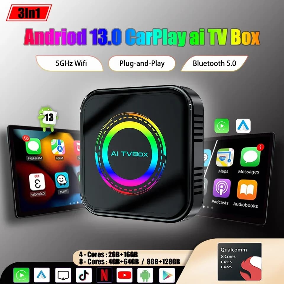 Nuovo Android 13 Ai TV Box QCM 8 Core 128G Android Auto & CarPlay 3In1 Car Smart Led Multimedia Box 5G Wifi SIM 4G LTE Plug & Play