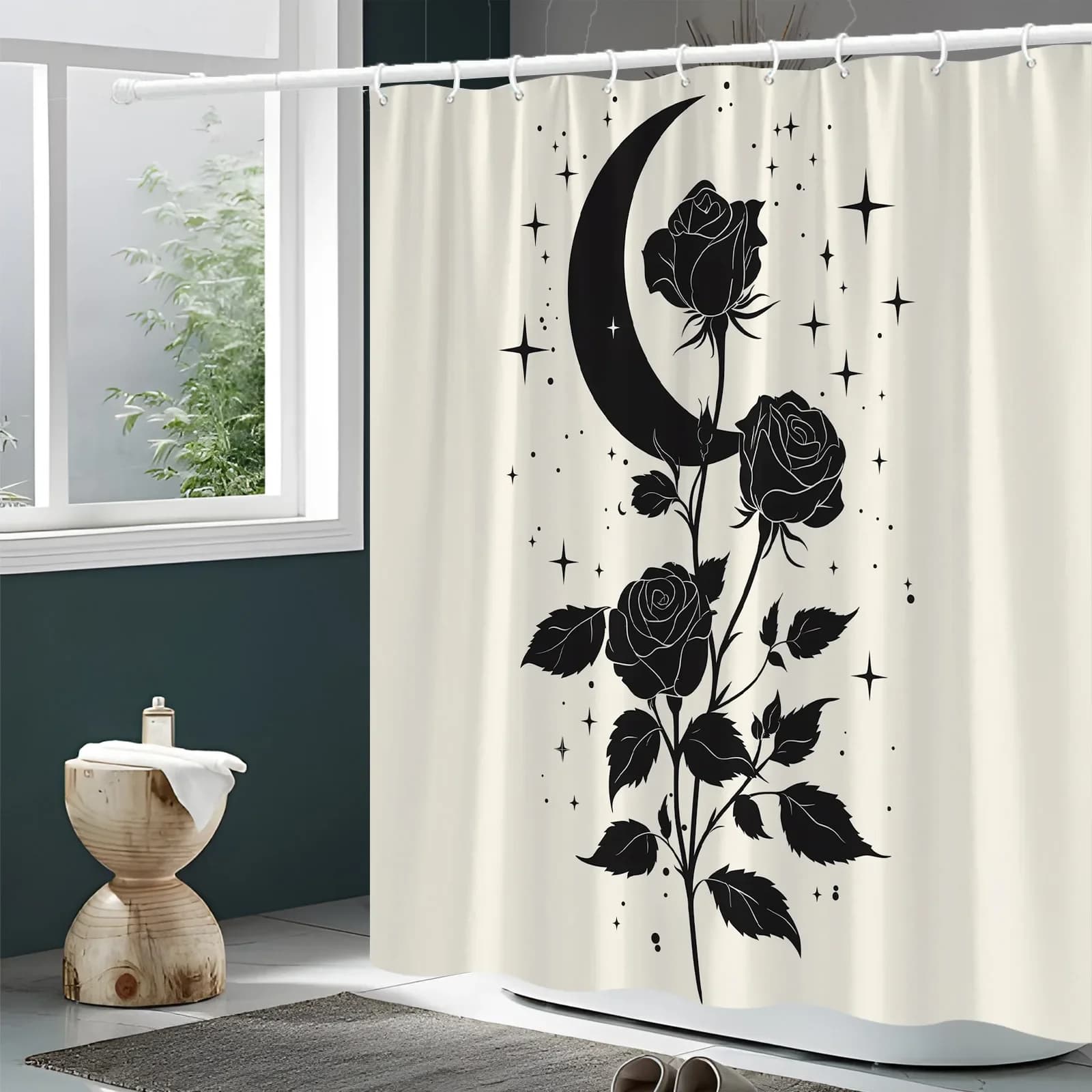 ~O~Rantica tenda da doccia con rose nere e mezzaluna - Stelle scintillanti, sfondo beige morbido, poliestere resistente, arredamento per il bagno