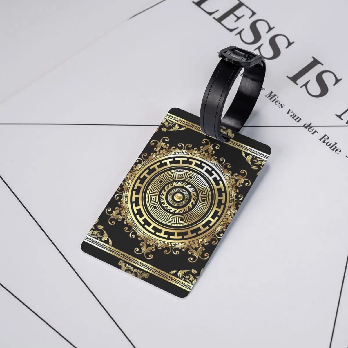 Etichette per Bagagli con Motivo Greco in Nero e Oro, Accessori per Valigie Barocche, Targhette per Bagagli da Viaggio, Porta Etichette ID