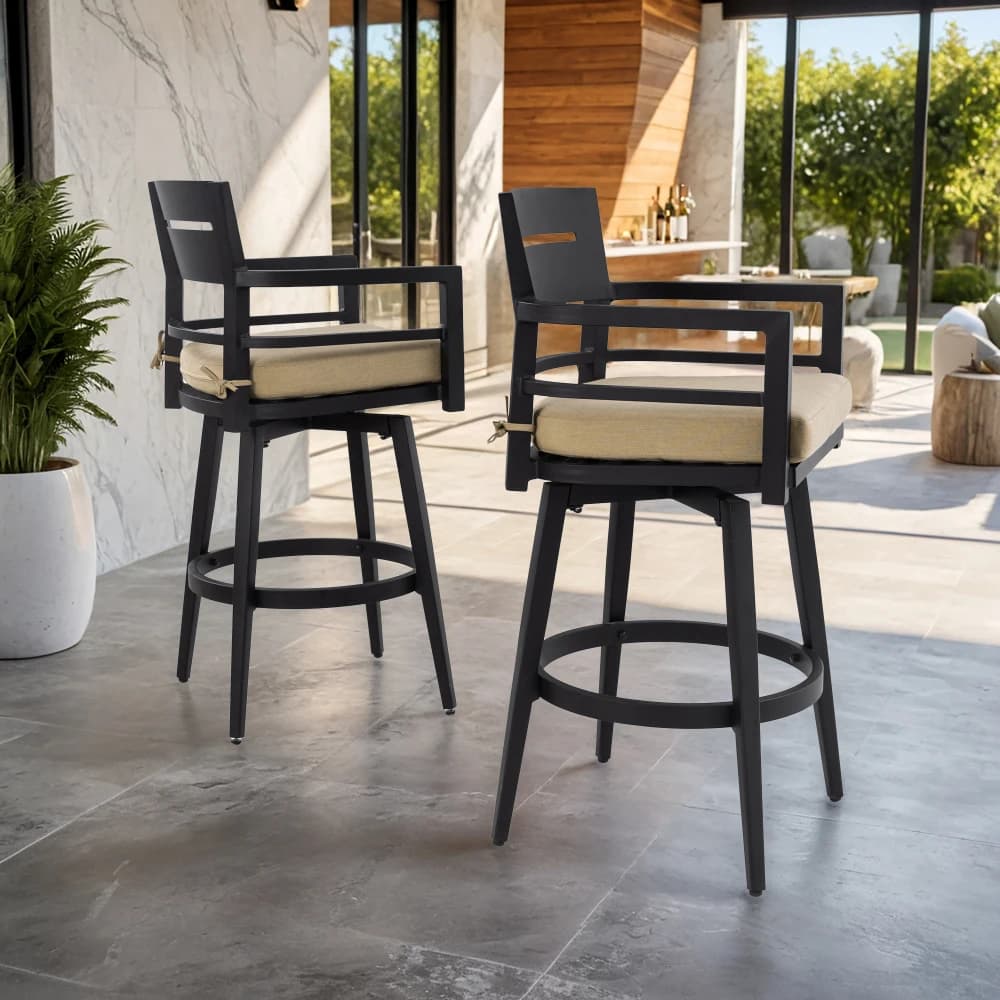 Sedie da bar girevoli moderne da esterno in 2 pezzi – Alluminio nero ambrato, 360 ° Girevole, Schienale e bracci ergonomici, Cuscino per ombrellone Weather-Resi