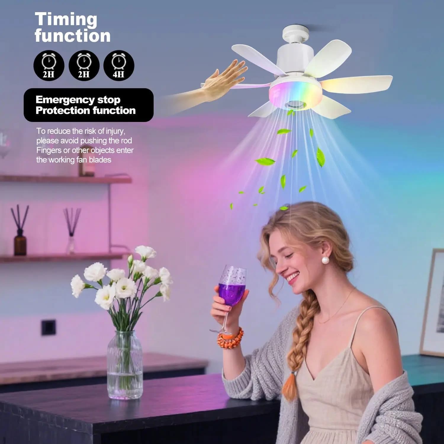Remote Control Ceiling Fan Light with Built-In Bluetooth-compatible Speaker, RGB Color Changing, Timer & Dimming Features, Led L