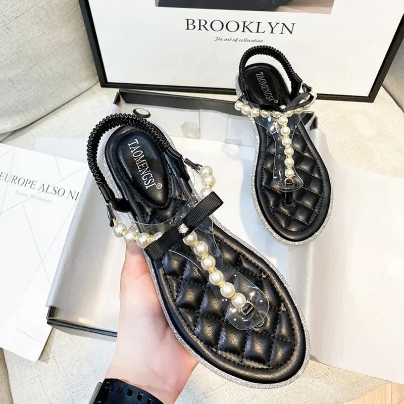 New Shoes for Women Sandals Summer Girl Beautiful Pearl String Bead Leisure Slippers Ladies Casual Flat Shoes