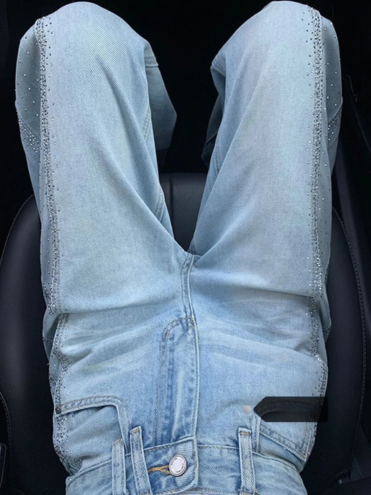 High Waist Slim Fit Straight Leg Denim Jeans Women's Summer New Design Diamond Embellished Drapey Wide Leg Retro Style