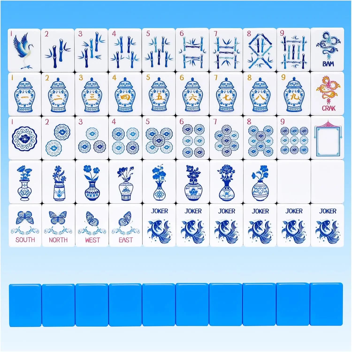 Set Mahjong Americano Azzurro con 160 Tessere Incise, Borsa e Accessori per Gioco Classico