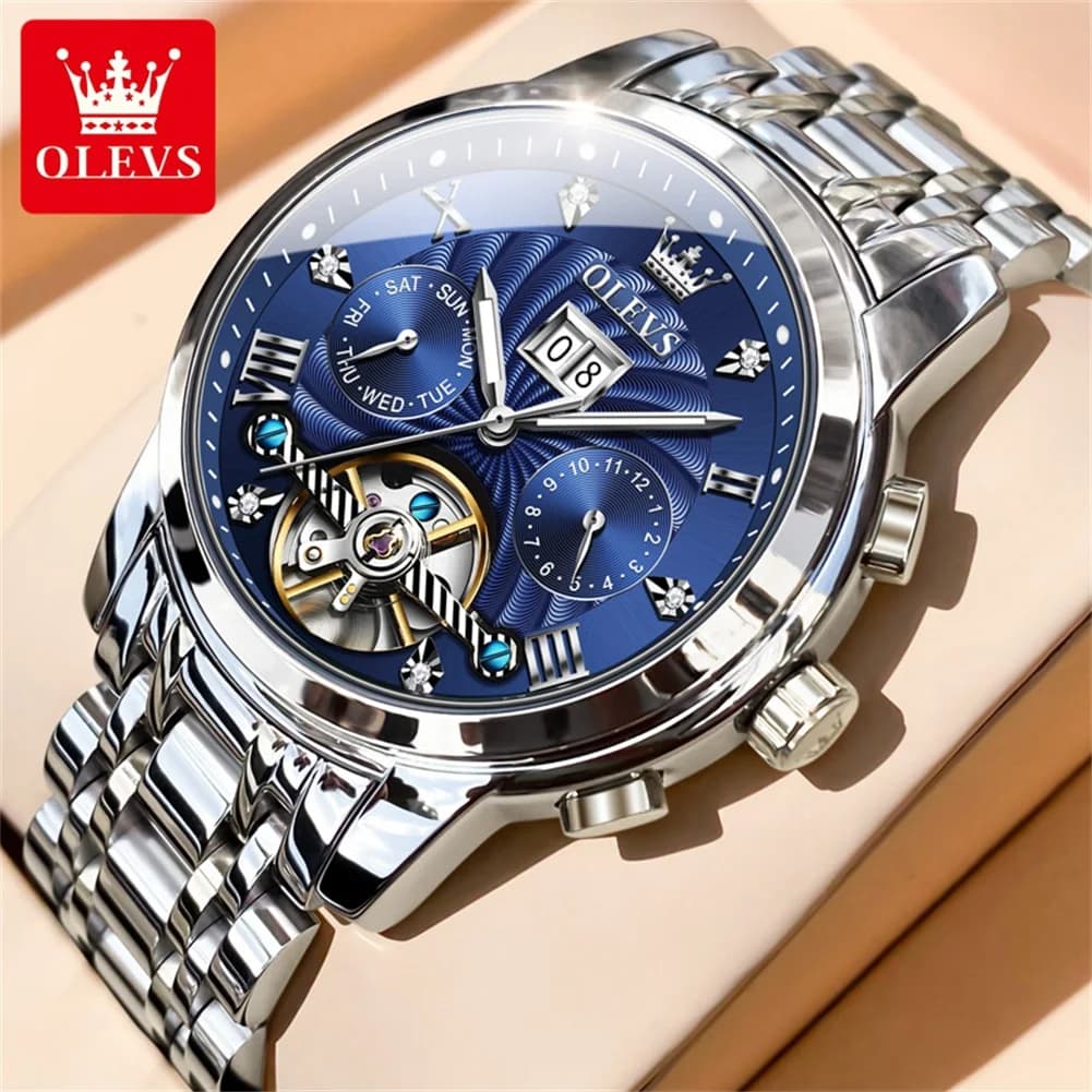 OLEVS 9910 Original Luxury Mens Wristwatch Waterproof Luminous Dual Calendar Skeleton Automatic Mechanical Watch for Man