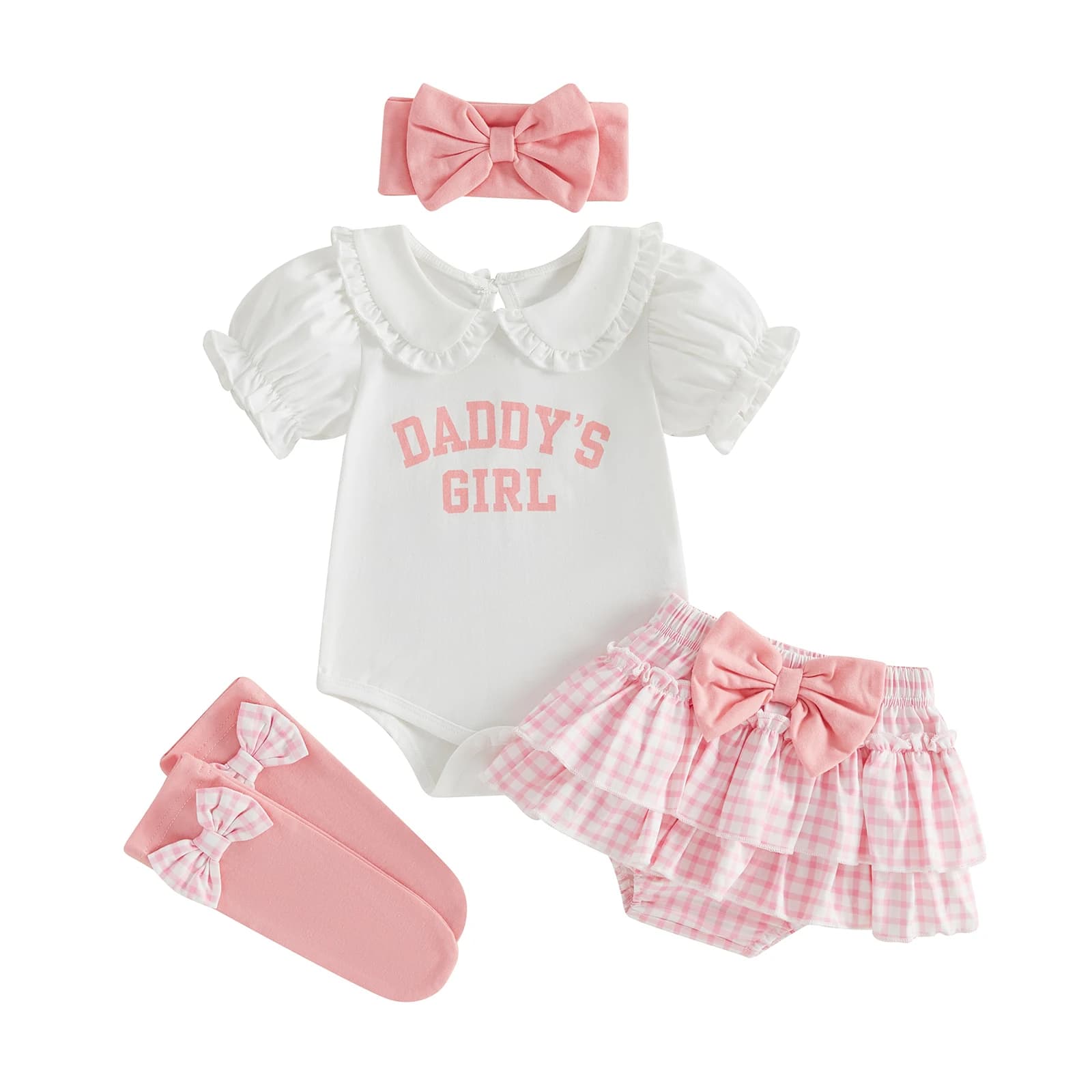 Lovely set of 4 pieces for baby girl with short sleeves with doll collar, hair band with letter print, tutù skirt and socks - Perfect