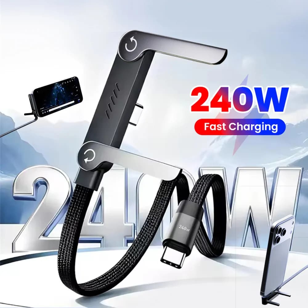 Cavo dati di ricarica rapida da 240 W 2 in 1 da tipo C a USB C Supporto per telefono Cavo di ricarica rapida pieghevole di tipo C per iPhone 15 16 17