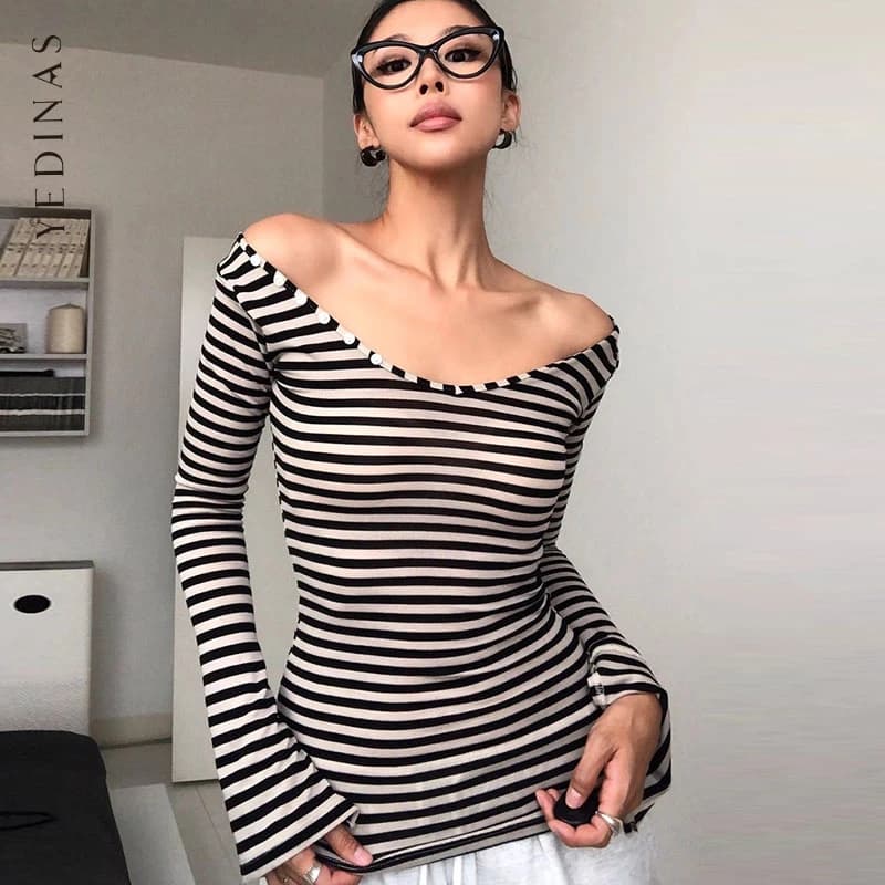 Yedinas T-shirt sottile a righe Abbigliamento donna Manica lunga Skinny Primavera Autunno Top Tees Abbigliamento femminile Abiti sexy anni 2000 Y2k
