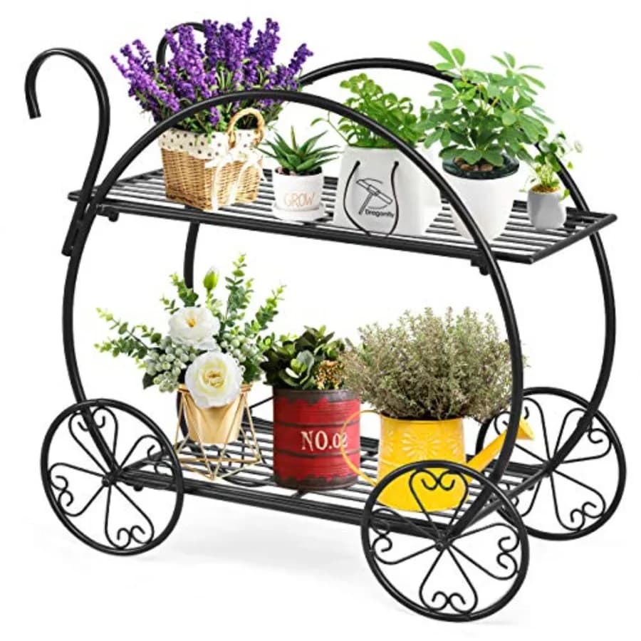 Carrello da Giardino in Metallo con 4 Ruote Decorative, Espositore per Piante Grasse e Vasi di Fiori, Scaffale per Casa e Giardino
