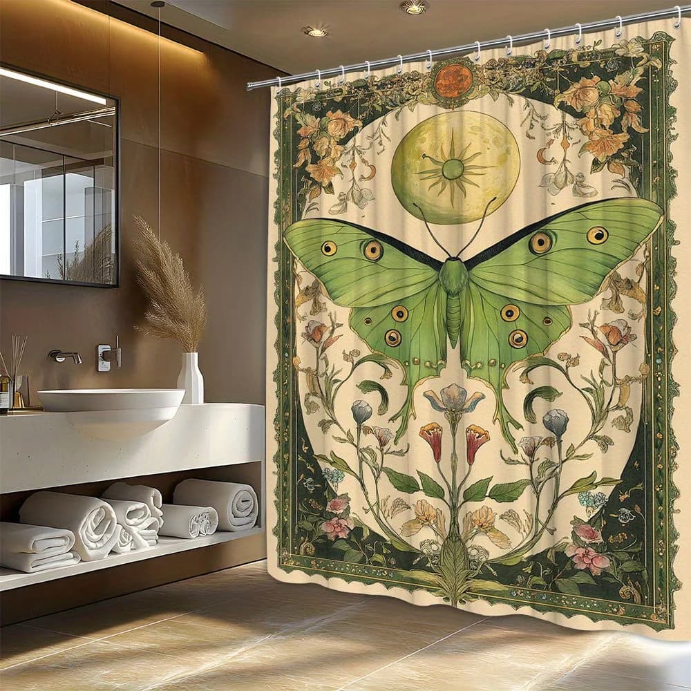 1 tenda da doccia vintage con motivo a farfalle e fiori, verde su luna gialla con punti occhielli gialli, estetica Art Nouveau intricata, 12 ganci