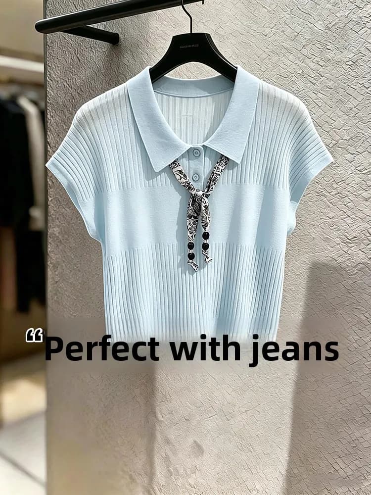 Blue Knitted Short Sleeve T-Shirt Women's Summer Outerwear Inner Match Base Silk Scarf Belt Luxury Versatile Slimming Top