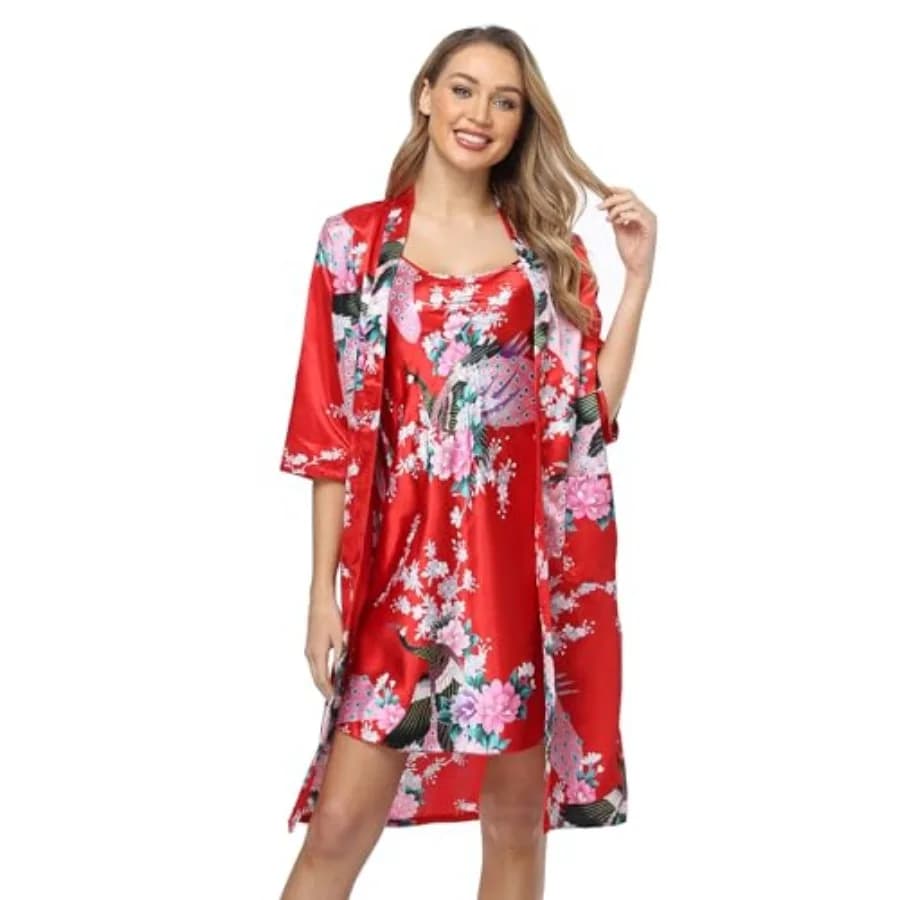 Women's Floral Satin Kimono Robe and Nightgown Set with Camisole 2 Piece Sleepwear Peacock Bathrobe