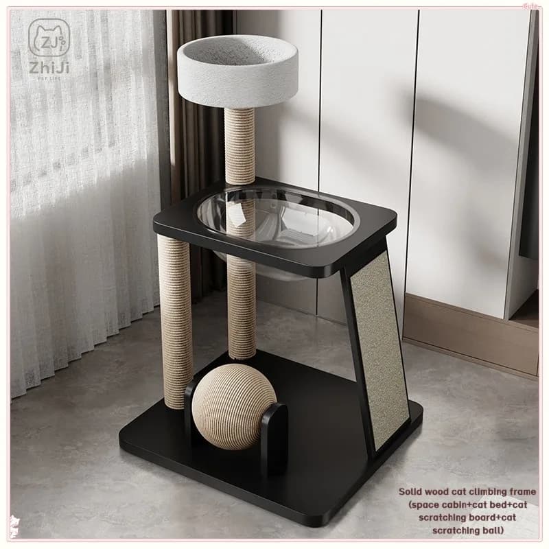 Space-saving cat tree with vertical climbing posts and a small hardwood home cat house made of sisal