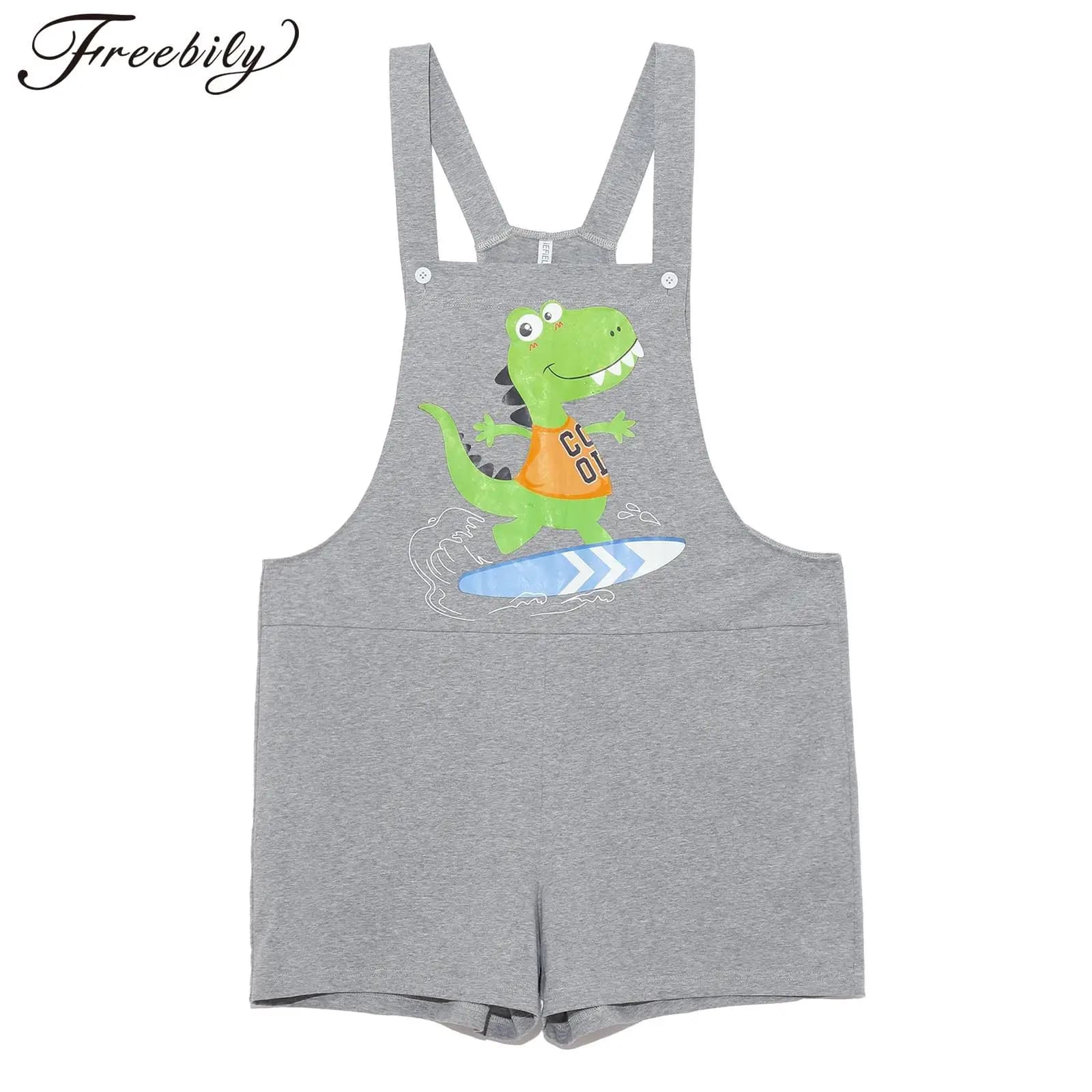 Men Cartoon Dinosaur Printed Overalls Pajamas Jumpsuit Color Block Adjustable Straps Bib Shorts Rompers with Pockets