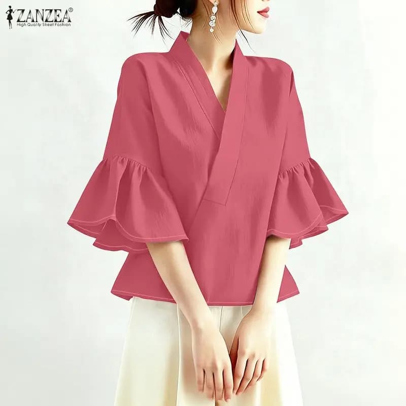 ZANZEA Camicette Vintage da Donna con Scollo a V, Maniche a 3/4 Svasate, Cuciture a Contrasto, Tinta Unita, Top Estivi Casual Larghi 2026
