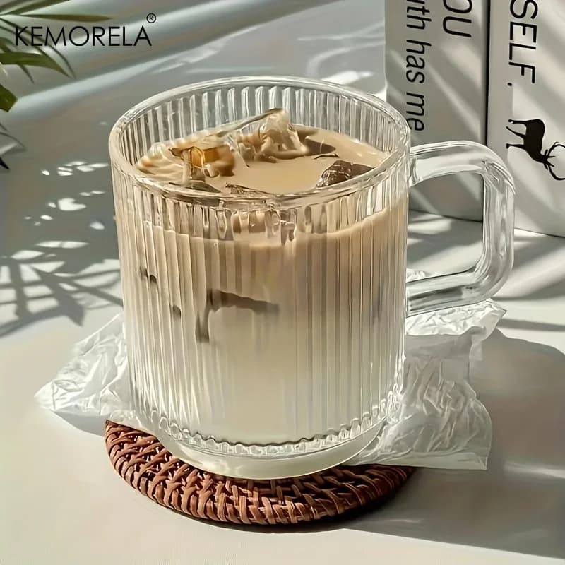 KEMORELA 1/2PCS Tazza di caffè in vetro a grana verticale 350ML Tazza di acqua con manico Tazza di succo di caffè freddo adatta Regali di San Valentino