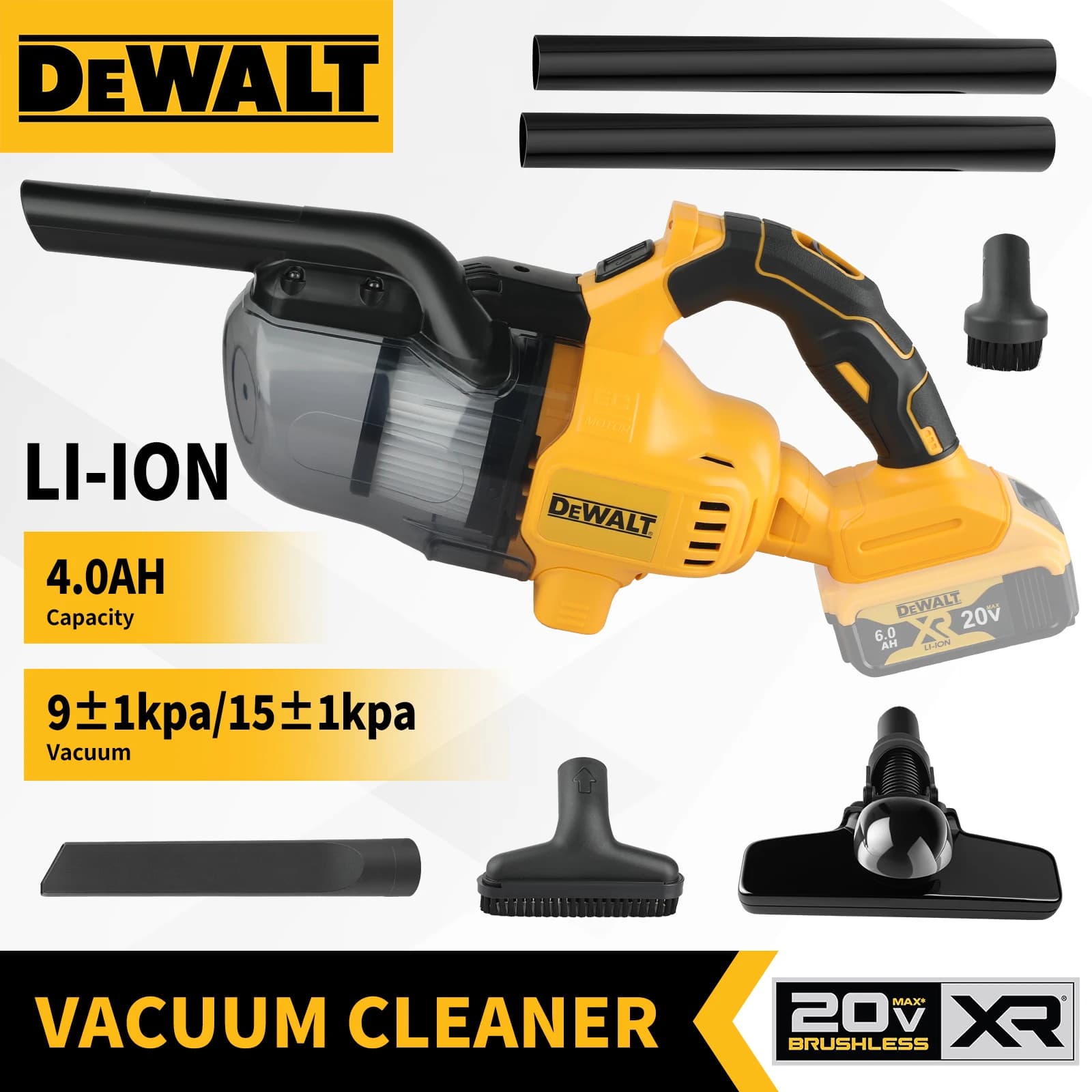 Aspirapolvere Senza Fili DEWALT 20V, Potente 18V, Illuminazione LED, Contenitore Polvere Grande da 0,7L, per Pulizia Interni Casa e Auto