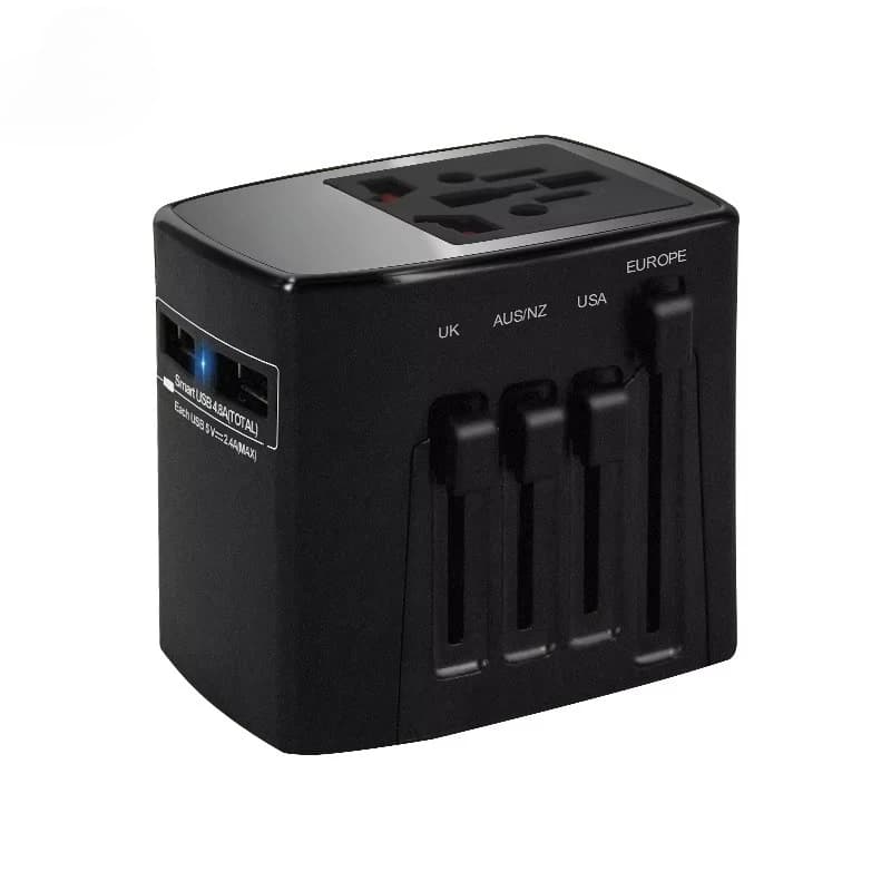 Adattatore di alimentazione da viaggio doppio USB 4.8A universale 250V/5V con spina in ottone e plastica, adatto per la ricarica di tablet tramite presa di corrente.