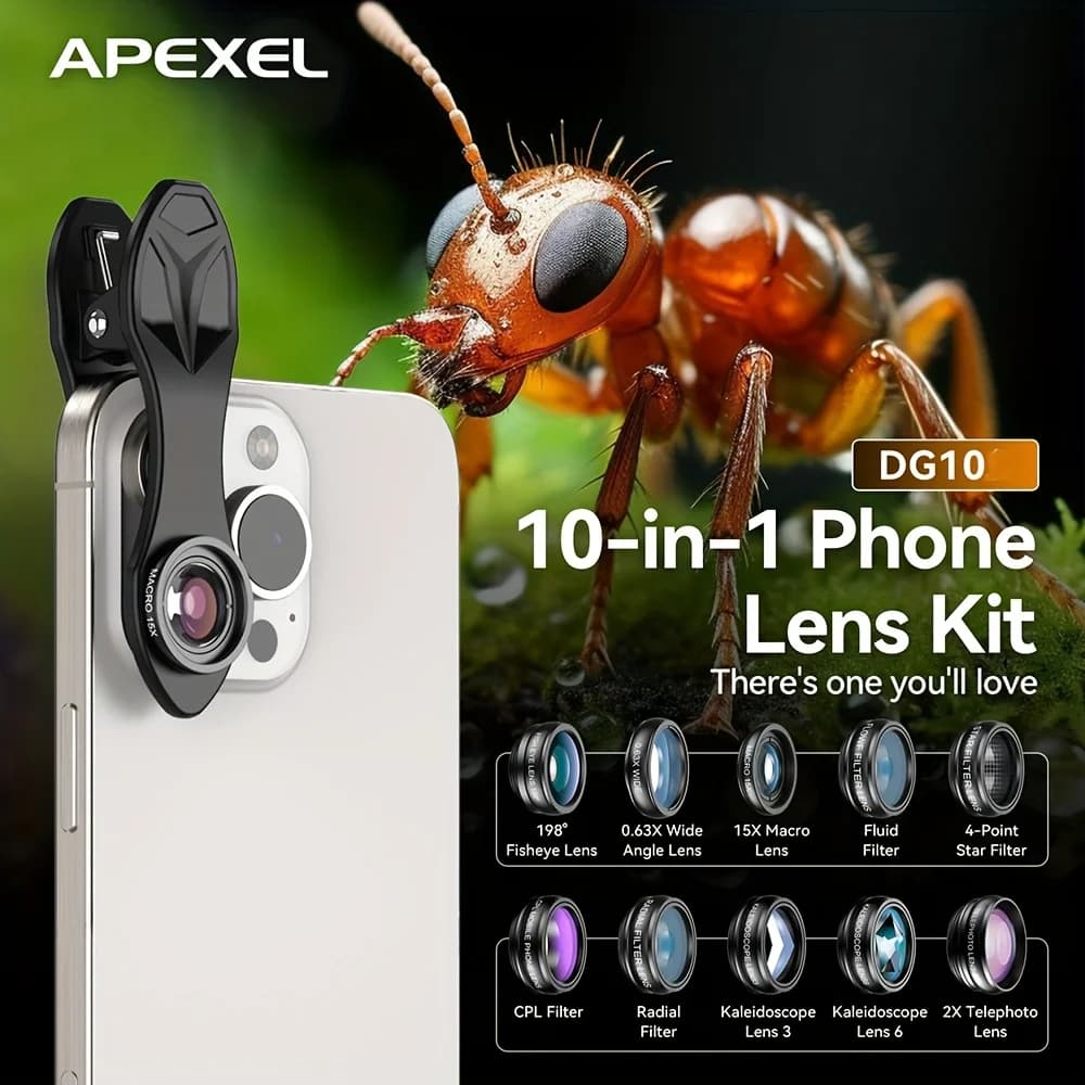 APEXEL HD 10 in1 11 in1 kit obiettivo fotocamera telefono Macro teleobiettivo grandangolare con filtro CPL Star per Smartphone Android iPhone14 Pro