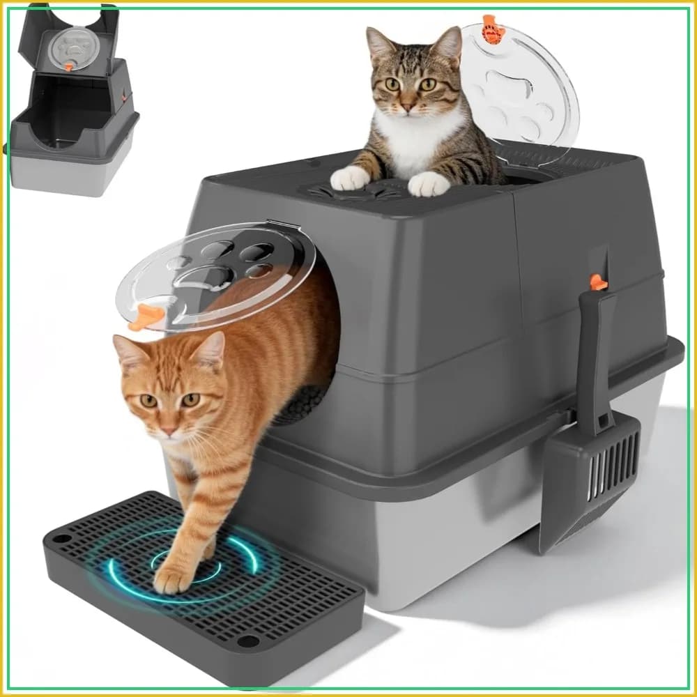 Stainless Steel Litter Box with Lid, XL Extra Large Cat Litter Box Enclosure, Front & Top Entry Covered Metal Box with Steps & Scoop, Easy Cleaning