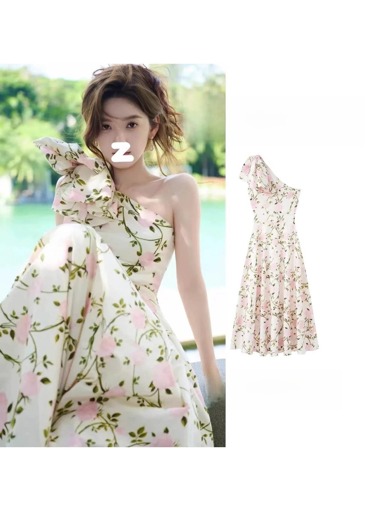 Summer Floral Print Asymmetrical Dress Women's Beach Vacation Long Dress High Waist Knot A-Line Skirt Breathable Sk...
