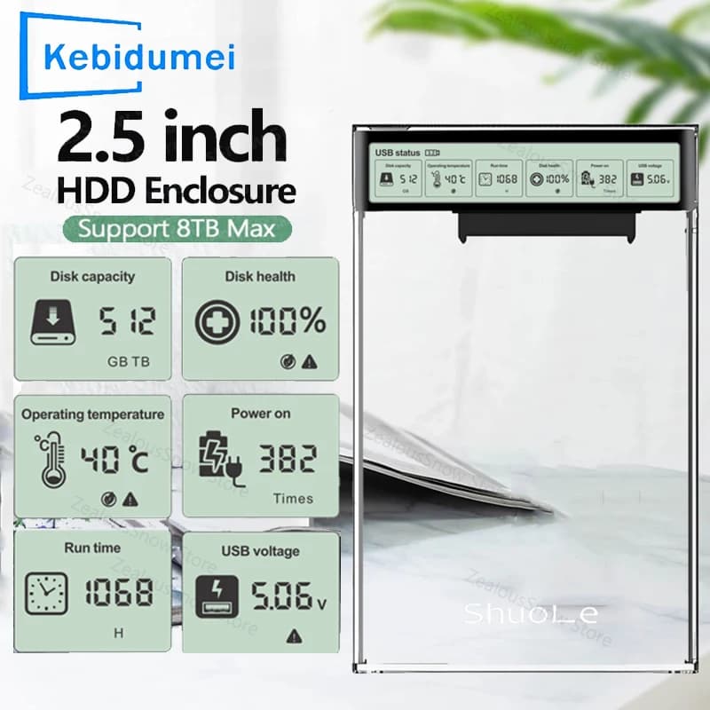 Custodia Smart Display HDD SSD da 2,5 '' Custodia HDD esterna trasparente USB3.2 Gen2 con custodia portatile per disco rigido da 5 Gbps per laptop