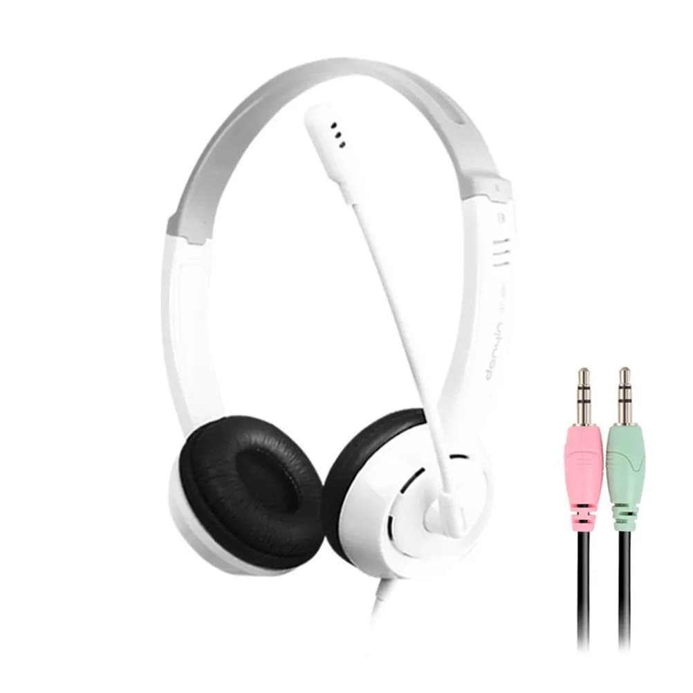 Wired white gaming headphones with noise cancellation, stereo earphones, adjustable microphone, PC headphones, laptop, desktop computer, comode