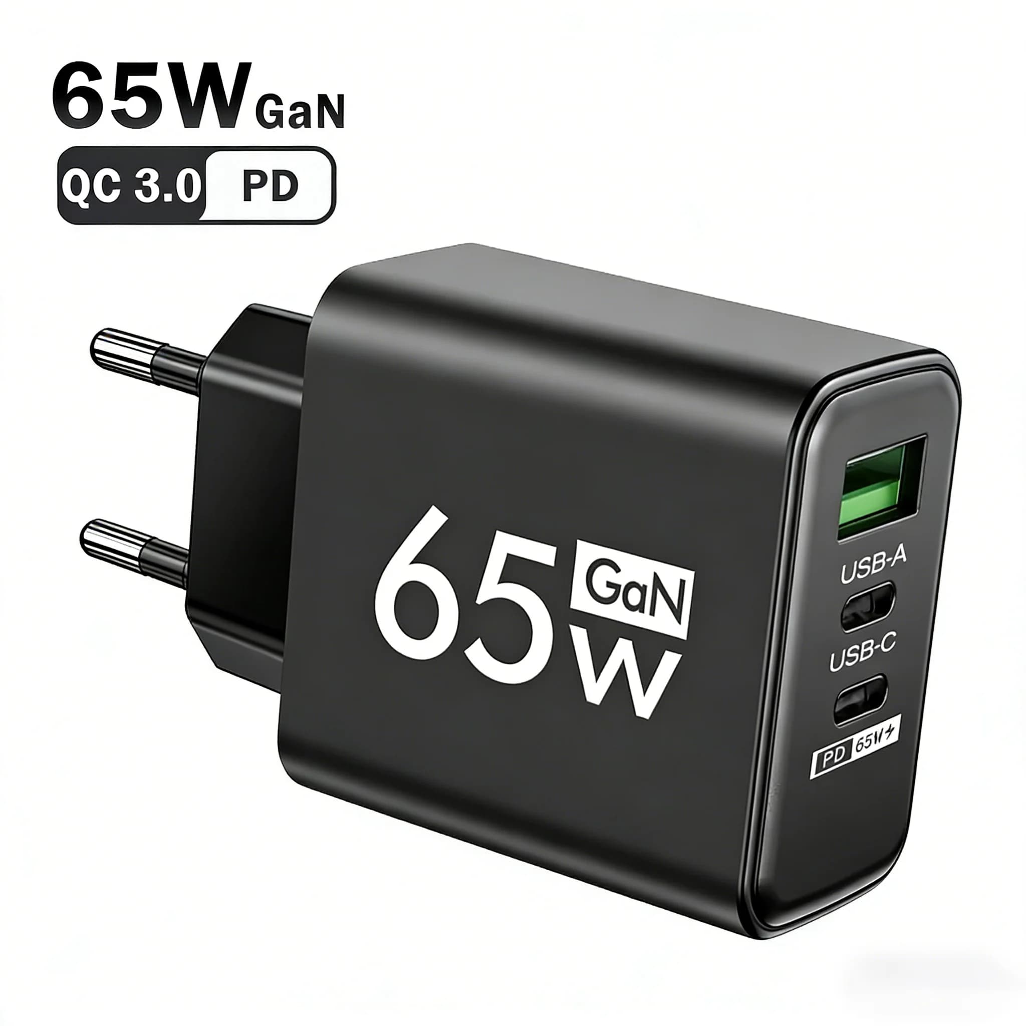 Caricatore Rapido GaN USB C da 65W con 3 Porte PD QC3.0, Adattatore da Viaggio per iPhone 15 16 17 Samsung Xiaomi Huawei, Spina EU/US