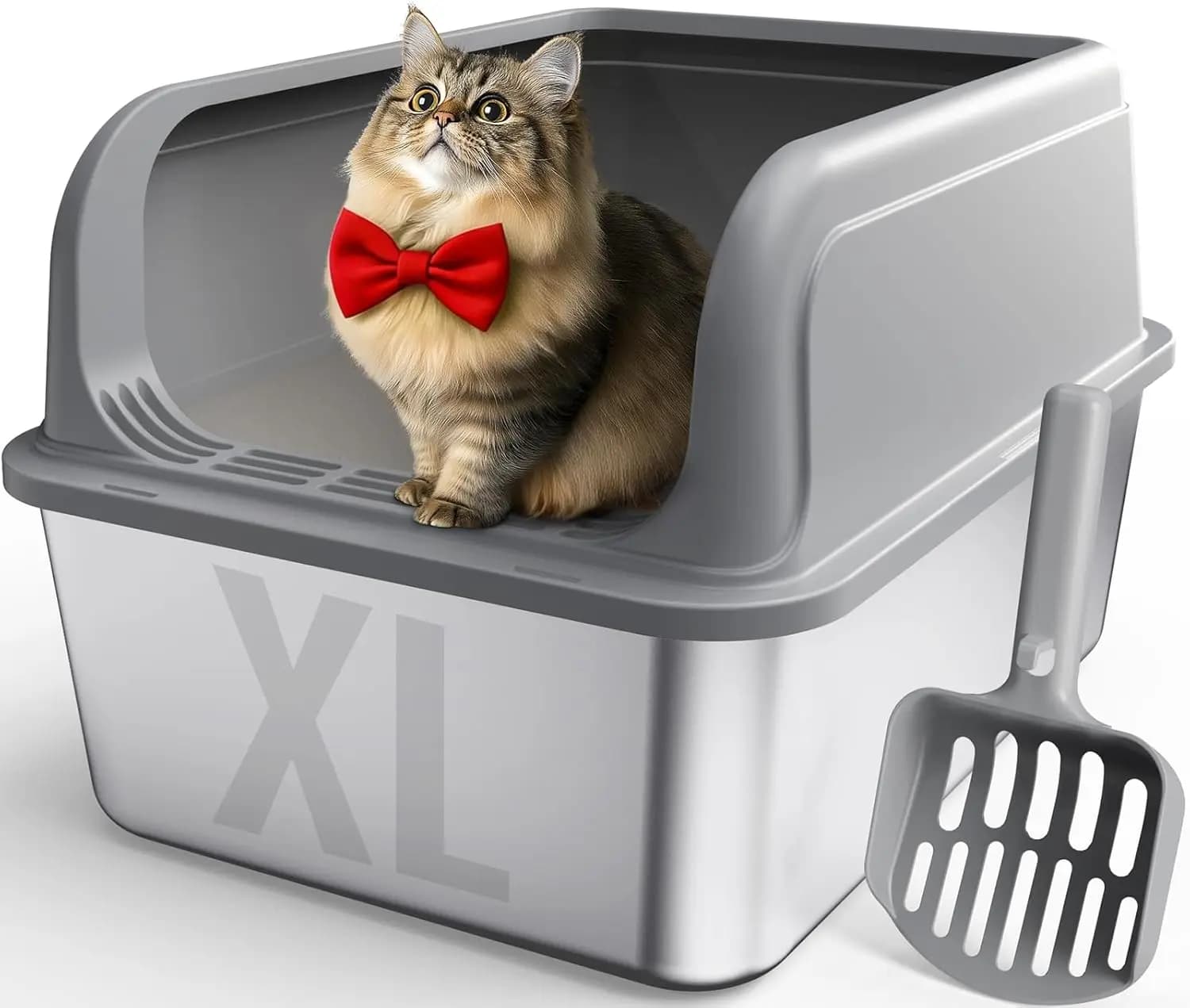 Lettiera per Gatti in Acciaio Inossidabile con Paletta, Bordo Alto Anti-Perdita, Ingresso Superiore, Facile da Pulire, Grigio XL