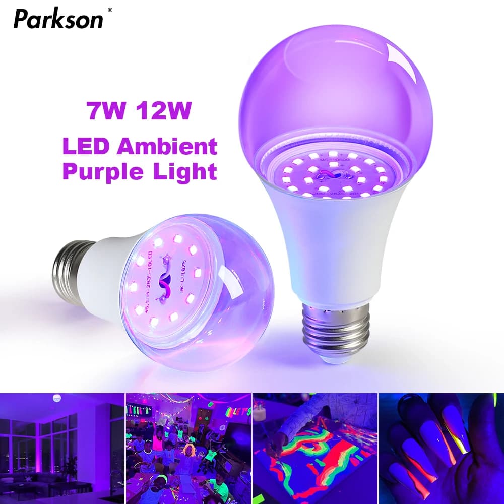 Lampadina nera 7W 12W LED UV Blacklight E27 Lampadina a LED AC85-265V Party Ghost House Atmosfera fluorescente Lampada ultravioletta 395nm